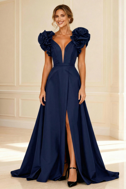 Black Deep V-Neck Ruffled Long Mother of the Bride Dress with Slit