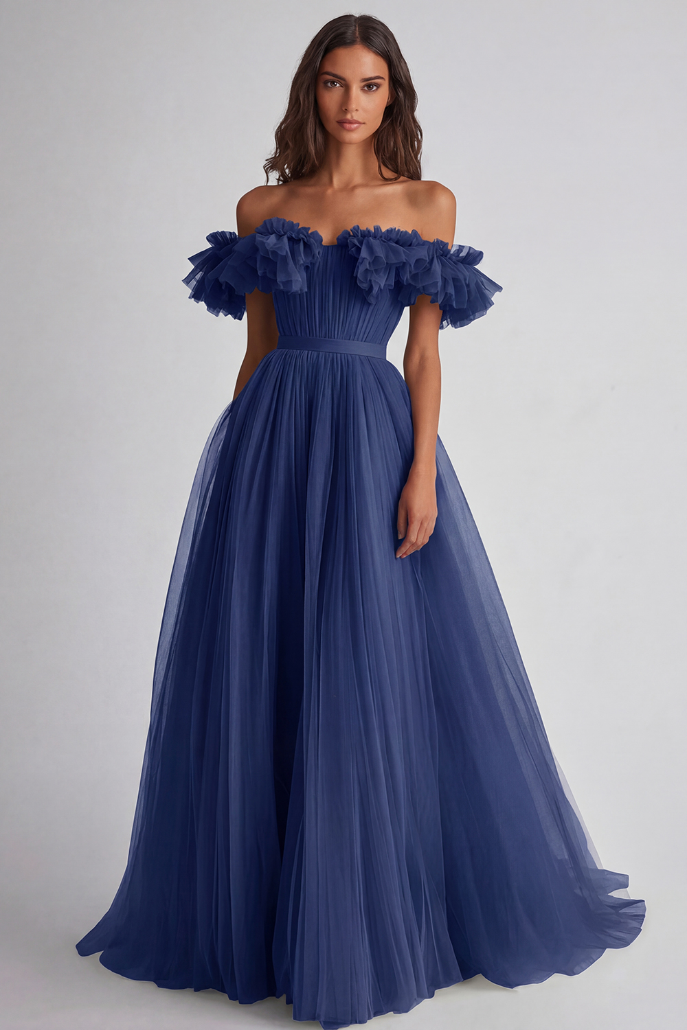 Dusty Sage A Line Tulle Long Wedding Guest Dress with Ruffles