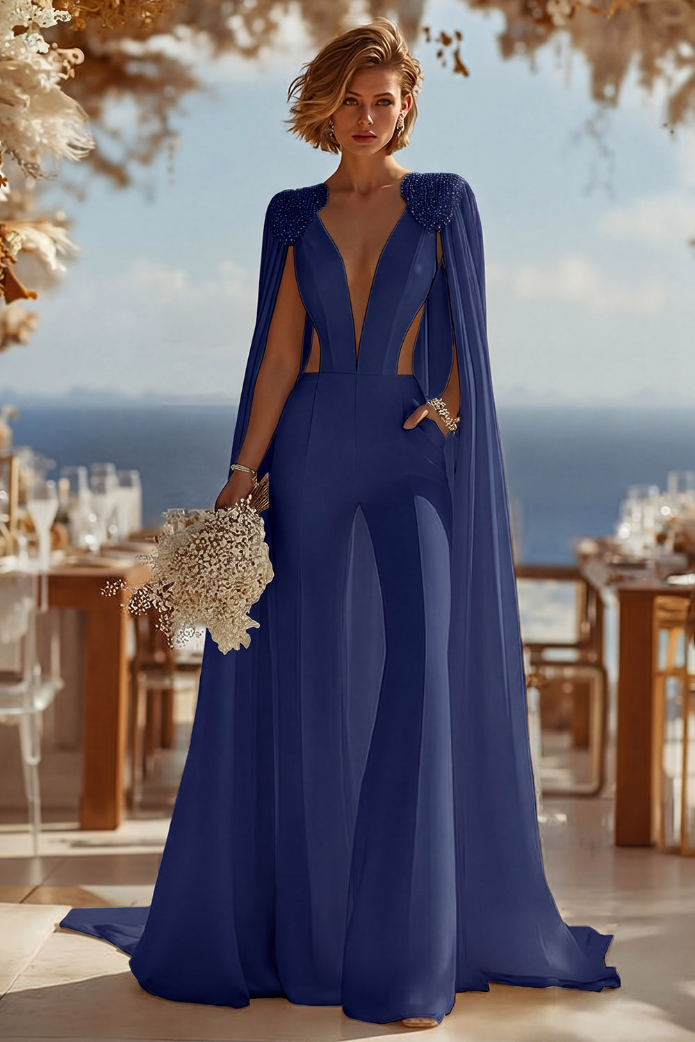 Ivory Cut Out Deep V-Neck Bridal Jumpsuits with Cape