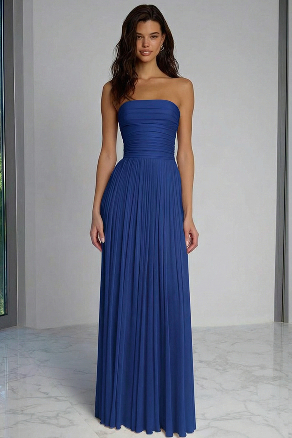 Champagne Pleated Sheath Strapless Long Bridesmaid Dress