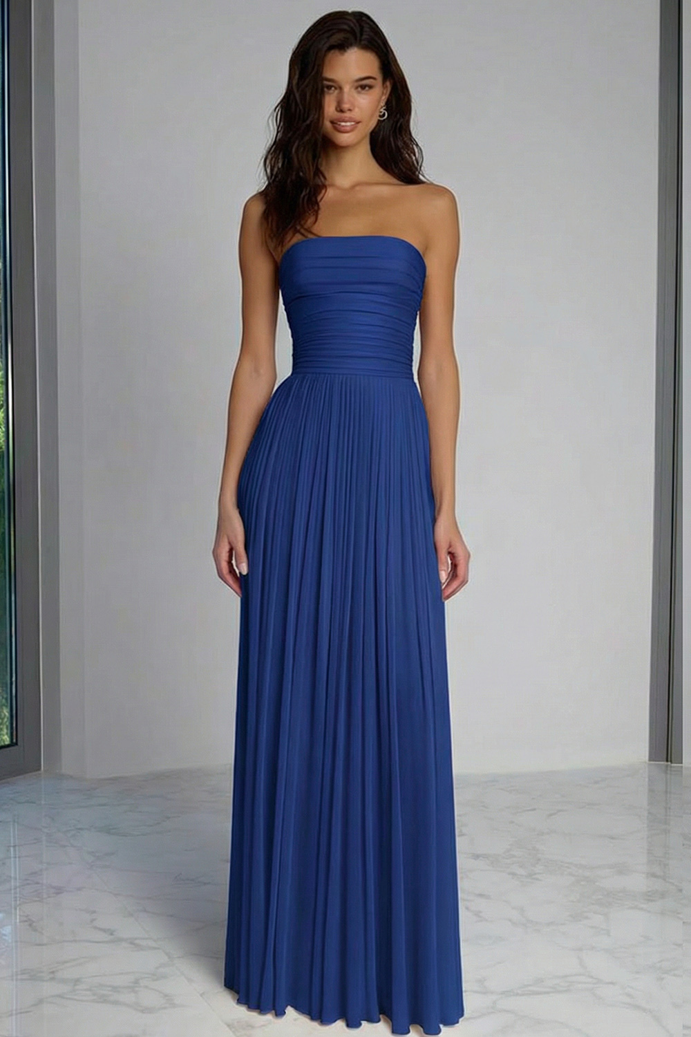 Champagne Pleated Sheath Strapless Long Bridesmaid Dress