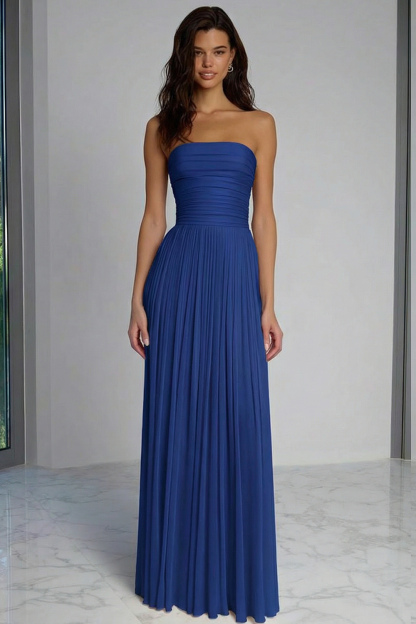 Champagne Pleated Sheath Strapless Long Bridesmaid Dress