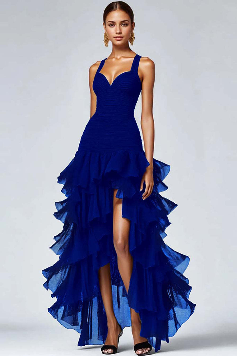 Black Spaghetti Straps Ruffled Long Formal Dress with Slit