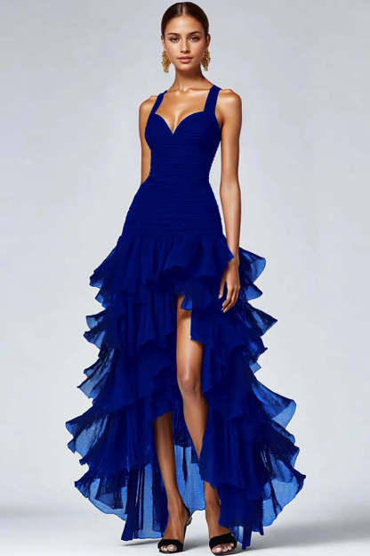 Black Spaghetti Straps Ruffled Long Formal Dress with Slit