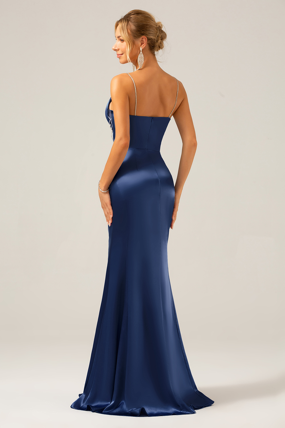 Grey Blue Mermaid Satin Spaghetti Straps Long Bridesmaid Dress