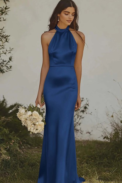 Elegant Light Yellow Sheath Halter Long Satin Bridesmaid Dress