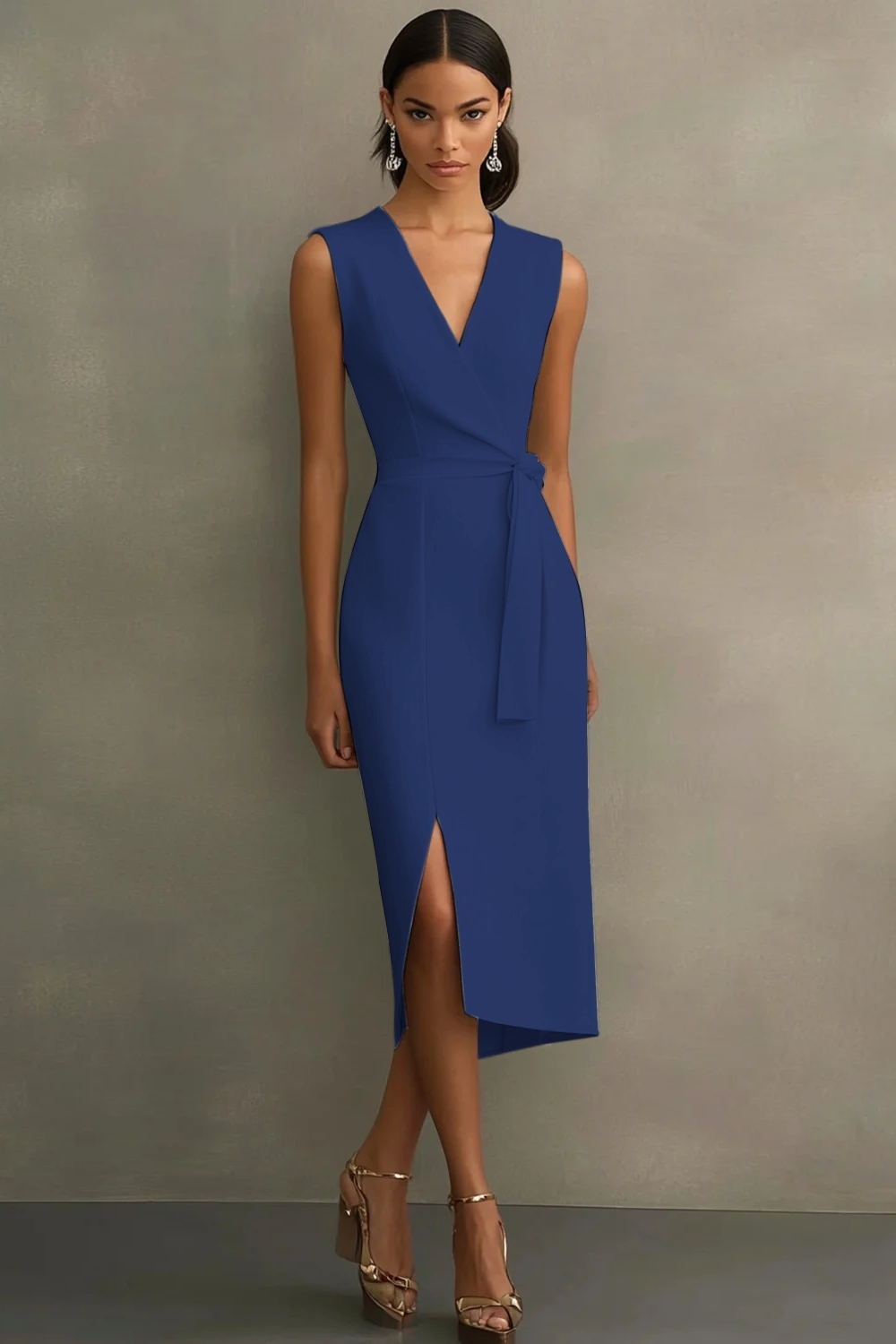 White Sheath V-Neck Tea Length Semi Formal Dress with Sash