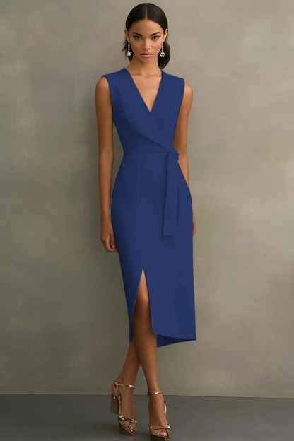 White Sheath V-Neck Tea Length Semi Formal Dress with Sash