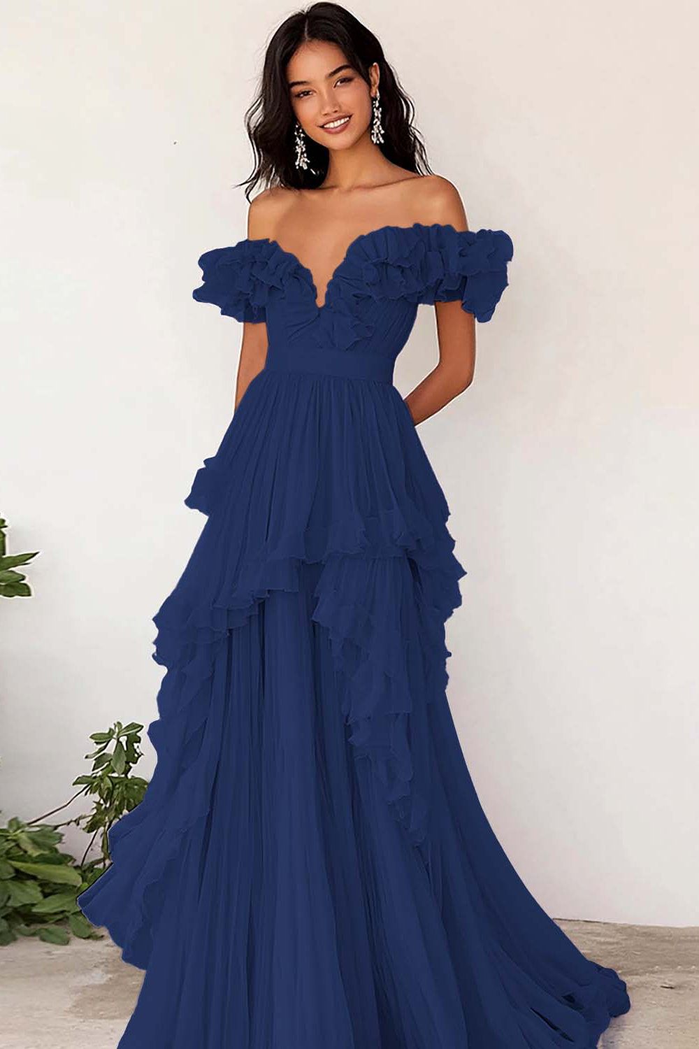 Lilac Chiffon Off the Shoulder A Line Long Prom Dress with Ruffles