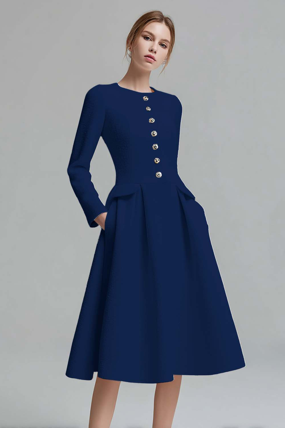 Tweed Ivory Long Sleeves A Line Midi Pageant Interview Dress with Pockets