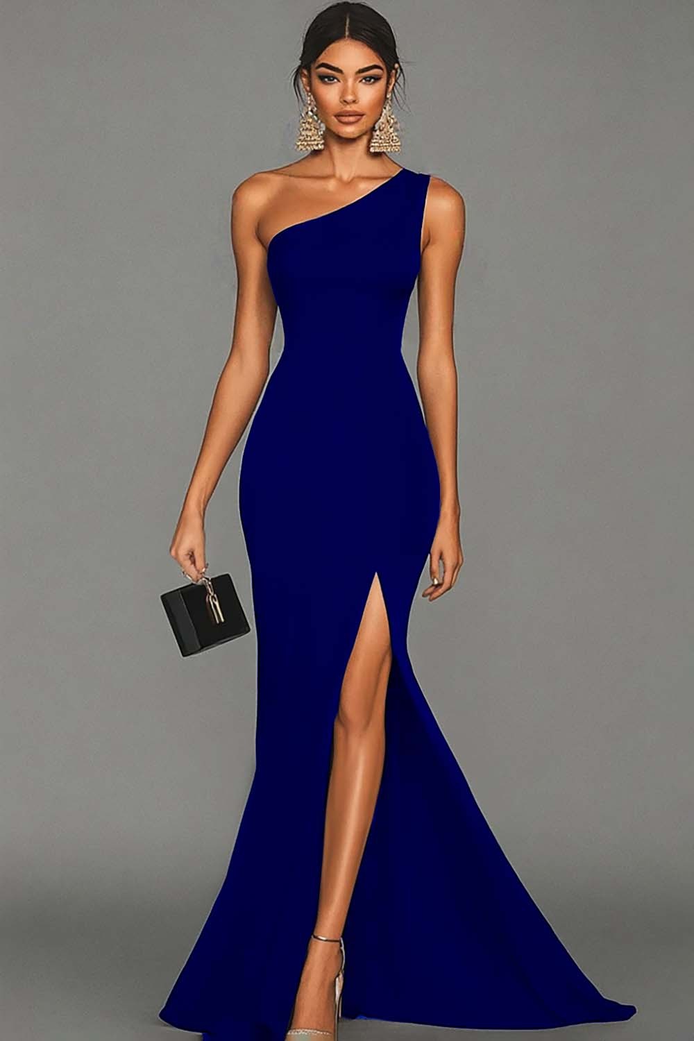 Black Mermaid One Shoulder Satin Maxi Formal Dress with Slit
