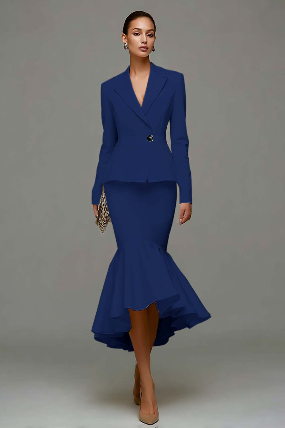 Ivory Satin Notched Lapel 2 Piece Mermaid Midi Business Suits with Ruffles