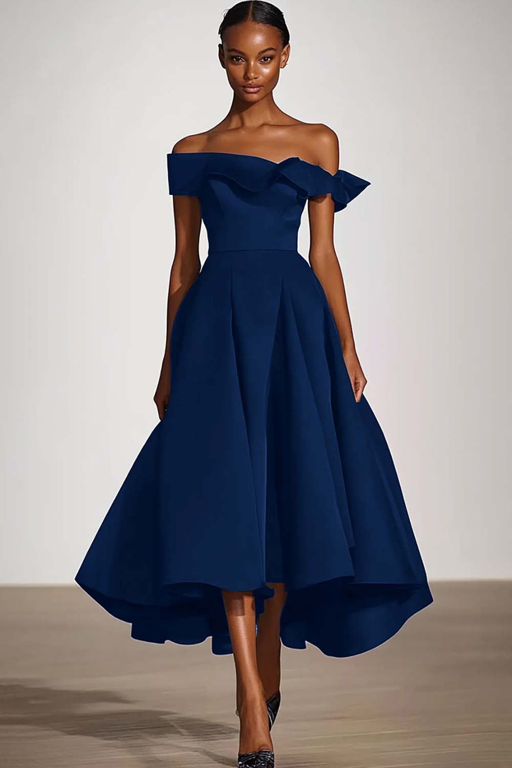 Black Off the Shoulder Plus Size Ruffled A Line Tea-Length Formal Dress