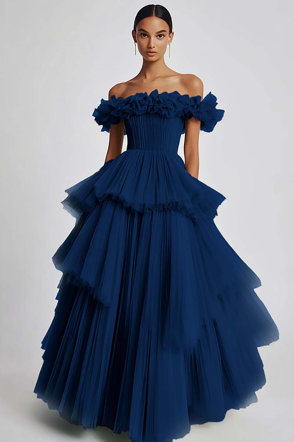 Dusty Sage Ball Gown Tulle Tiered Long Formal Dress with Ruffles