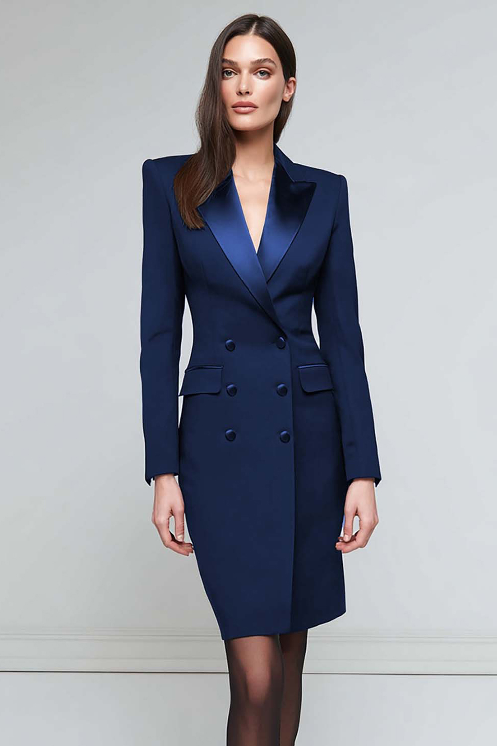 Pencil Short Black Satin Peak Lapel Blazer Dress with Sleeves