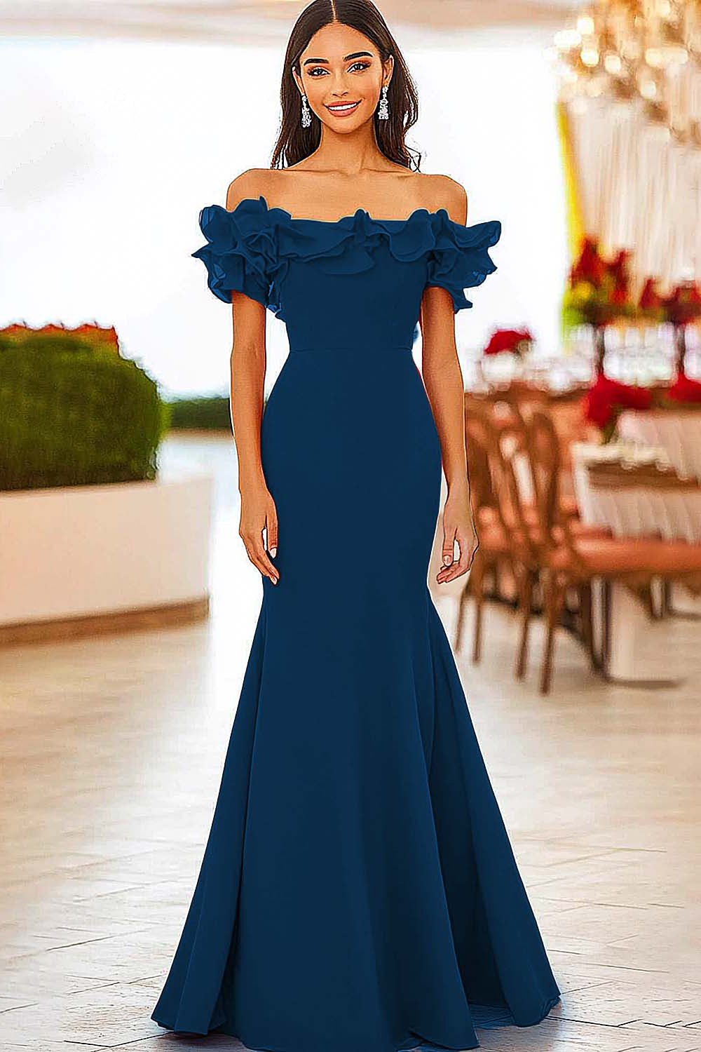 Red Off the Shoulder Mermaid Ruffled Formal Dress