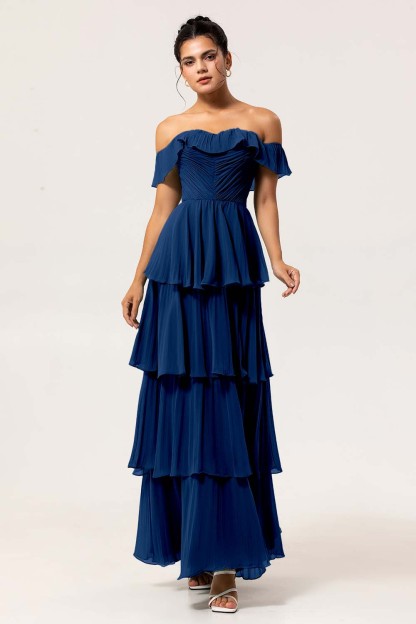 Eucalyptus Tiered Off the Shoulder Maxi Bridesmaid Dress