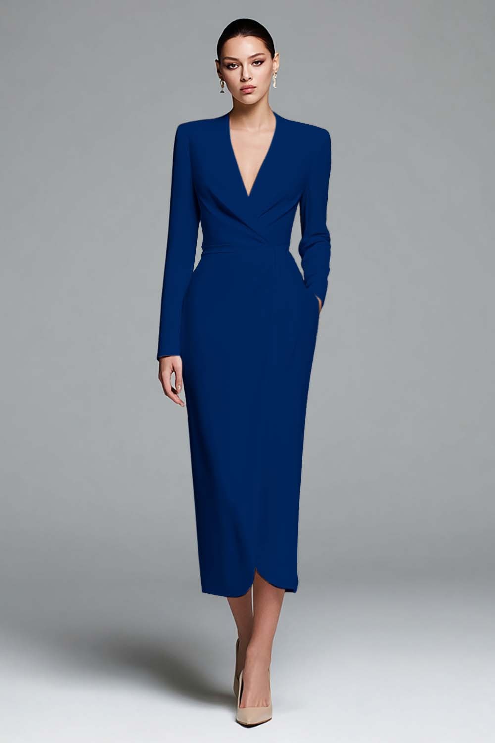 Simple Ivory Satin Sheath V-Neck Long Sleeves Work Dress