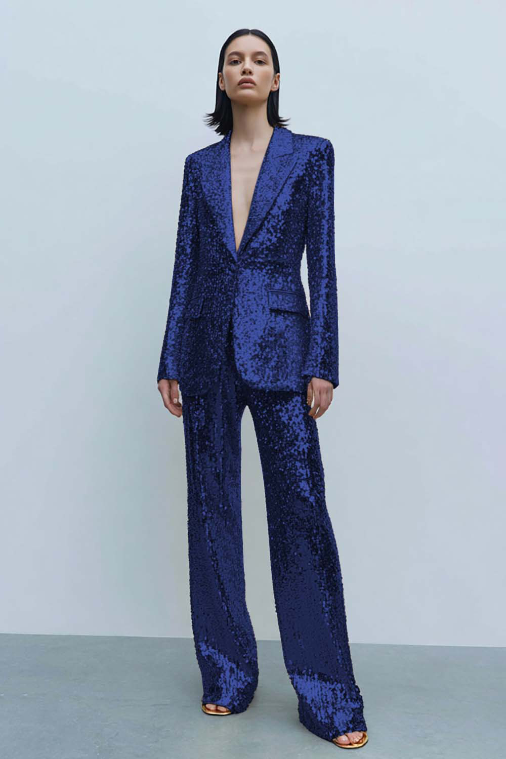 Sparkly Gold 2 Piece Sequined Women Prom Party Suits with Pockets