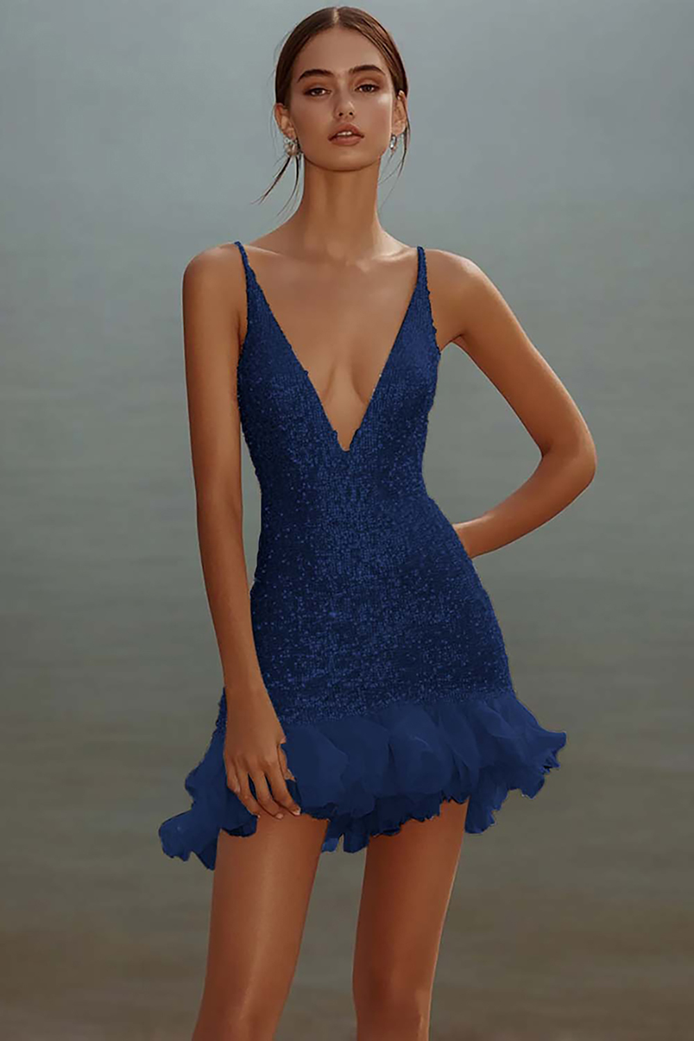 Sparkly White Bodycon Sequined V-Neck Mini Graduation Dress