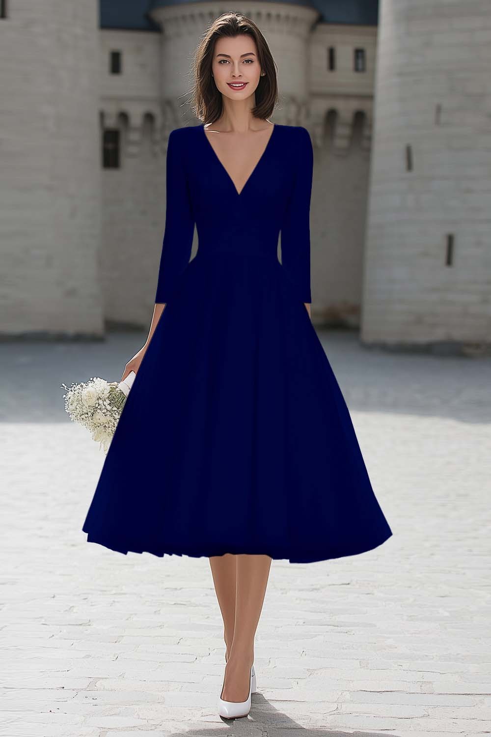 Ivory V-Neck A Line Midi Simple Wedding Dress with Sleeves