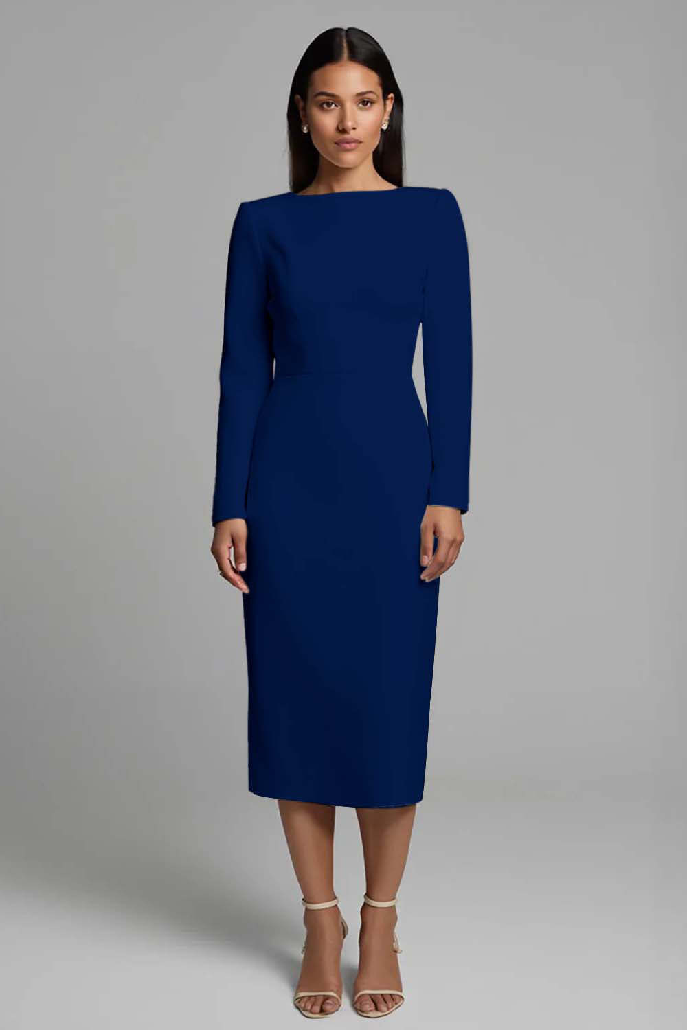 Simple Pencil Ivory Plus Size Bateau Neck Midi Work Dress with Slit