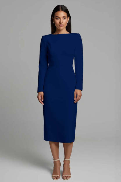 Simple Pencil Ivory Plus Size Bateau Neck Midi Work Dress with Slit