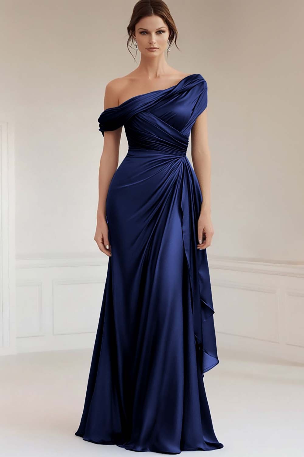 Grey Blue Satin One Shoulder Sheath Mother of the Bride Dress