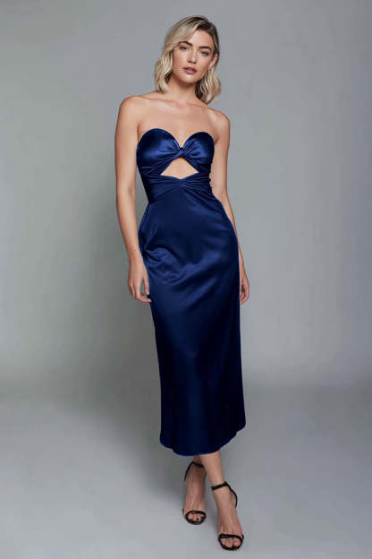Dusty Blue Satin Sheath Sweetheart Keyhole Maxi Formal Dress