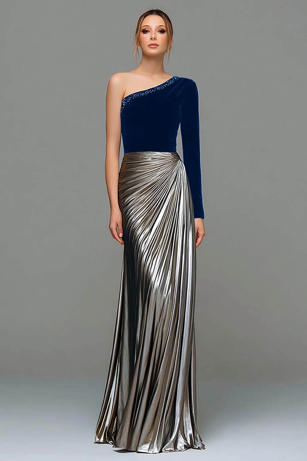 Metallic Black and Grey One Shoulder Velvet Long Holiday Party Dress