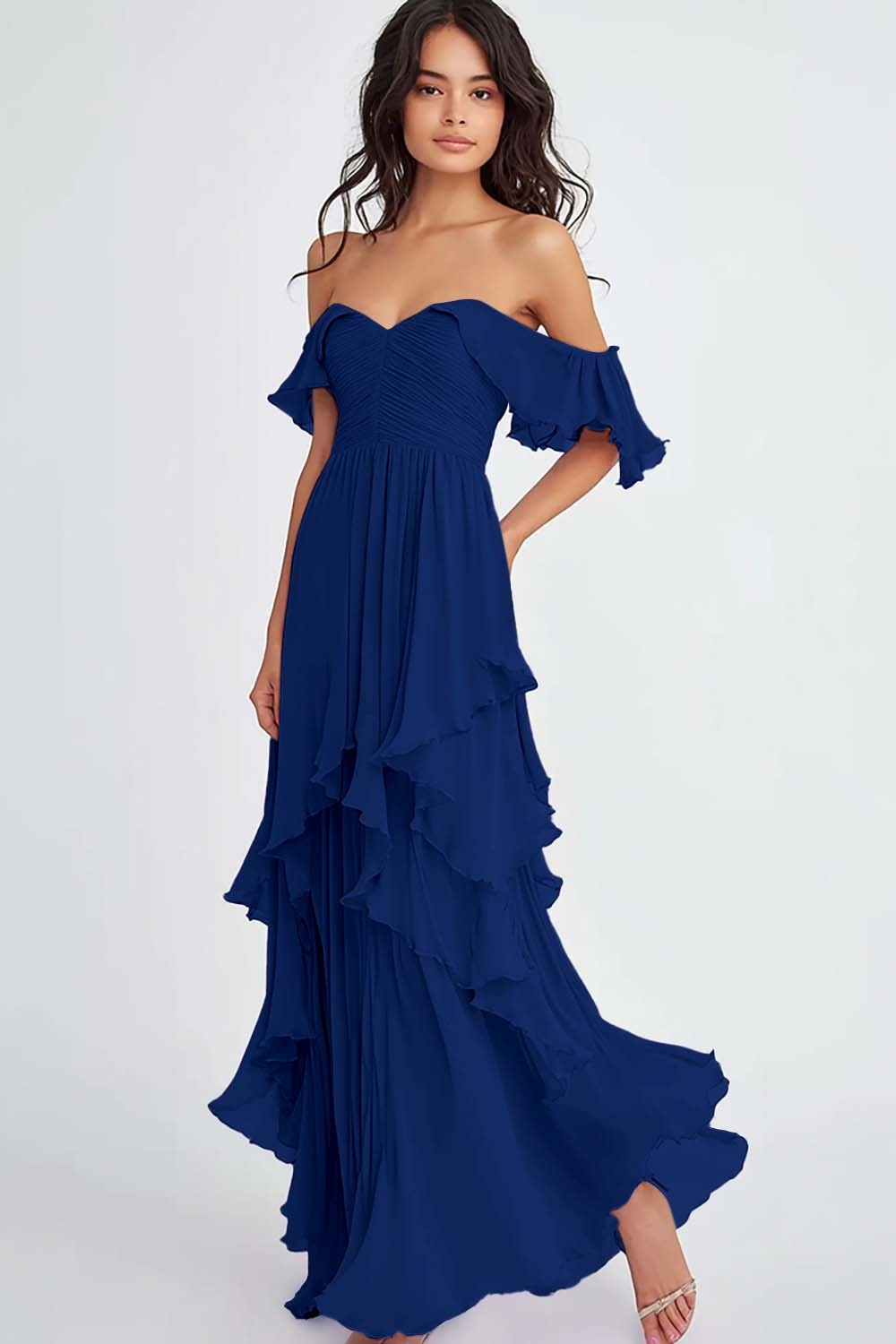 Lilac Off the Shoulder Ruffled Flowy A Line Long Formal Dress