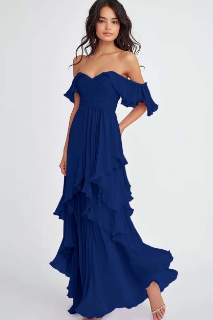 Lilac Off the Shoulder Ruffled Flowy A Line Long Formal Dress