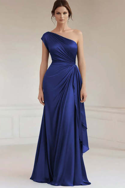 Grey Blue One Shoulder Sheath Maxi Formal Dress with Ruffles