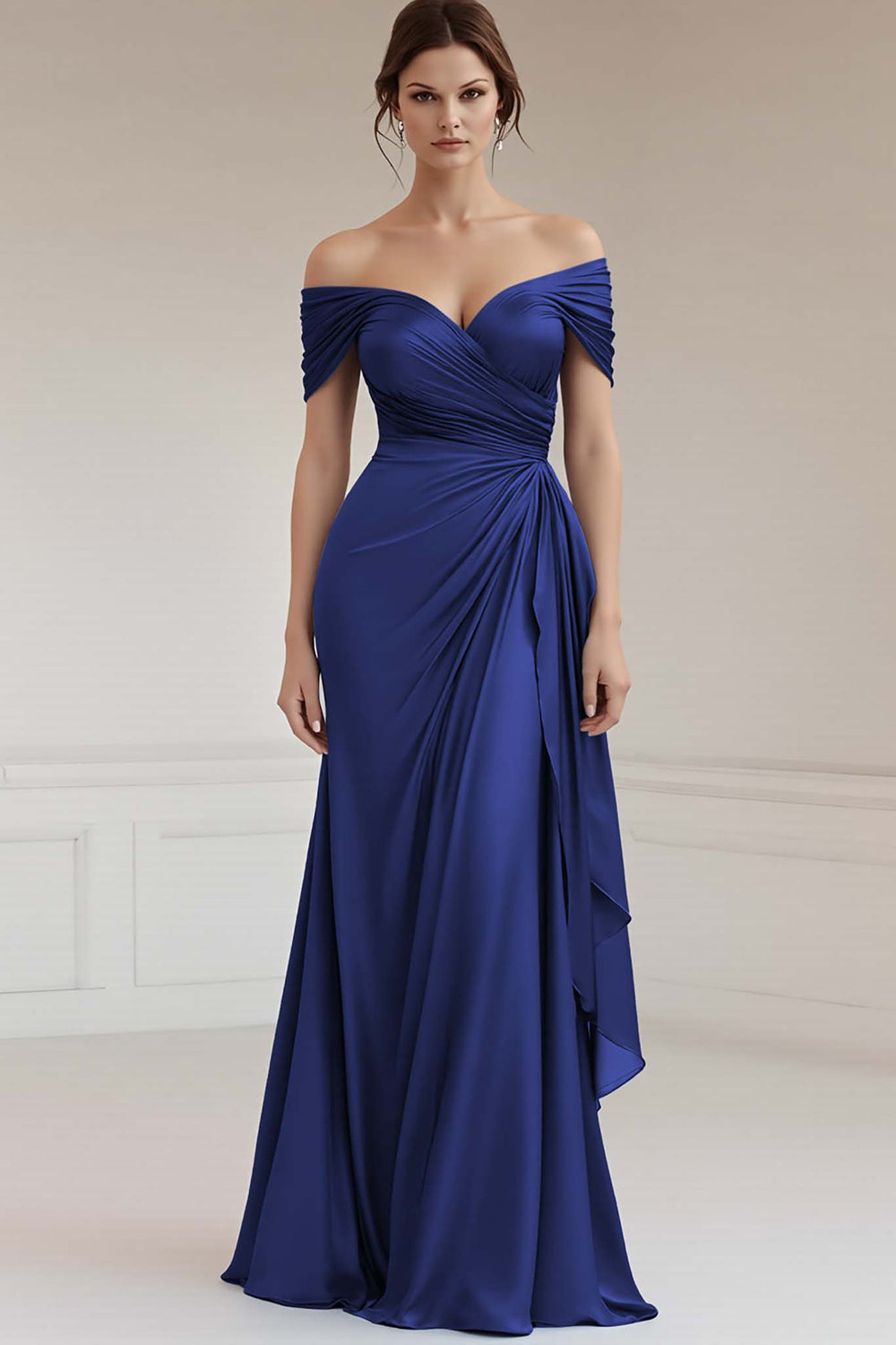 Maxi Grey Blue Off the Shoulder Sheath Ruched Satin Formal Dress