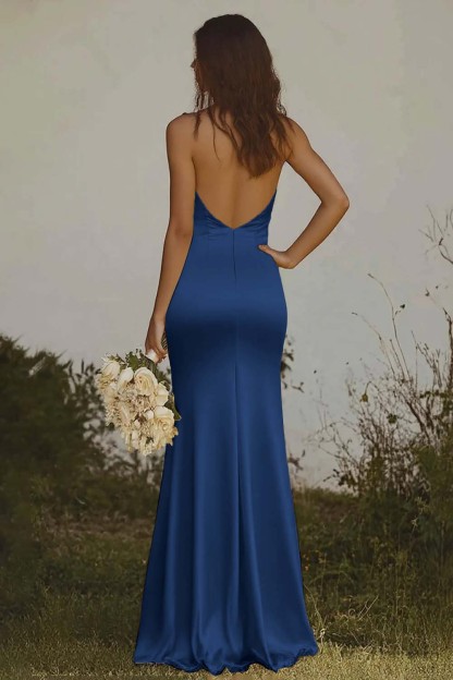 Elegant Light Yellow Sheath Halter Long Satin Bridesmaid Dress