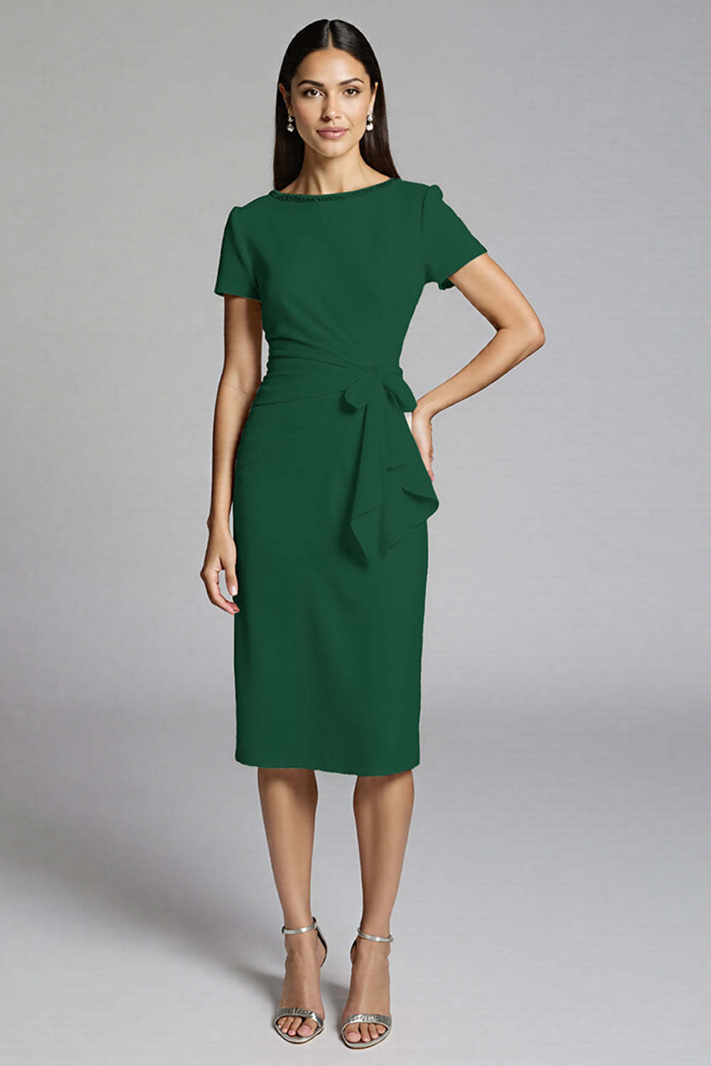 Beige Bodycon Satin Midi Work Dress with Ruffles