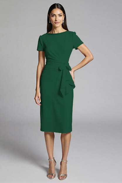 Beige Bodycon Satin Midi Work Dress with Ruffles