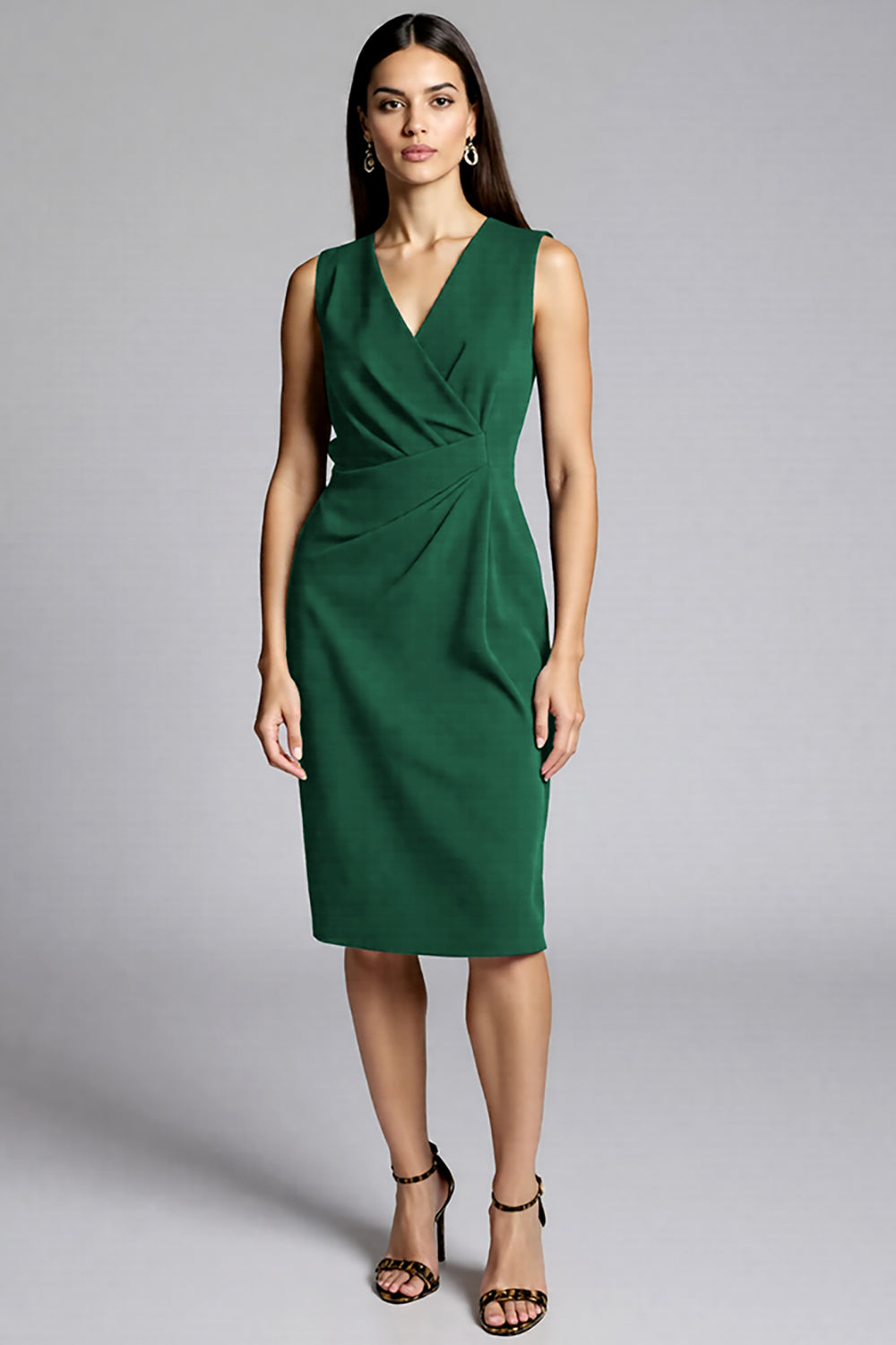 Royal Blue Satin V-Neck Midi Bodycon Work Dress