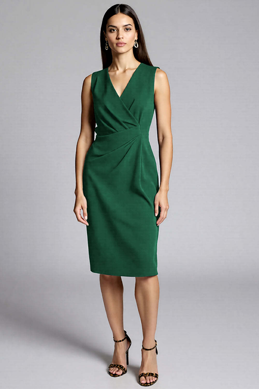 Royal Blue Satin V-Neck Midi Bodycon Work Dress