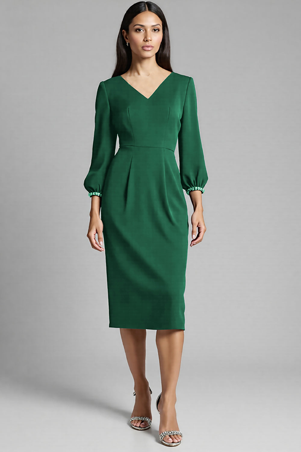 Navy Satin Bodycon V-Neck Midi Work Dress