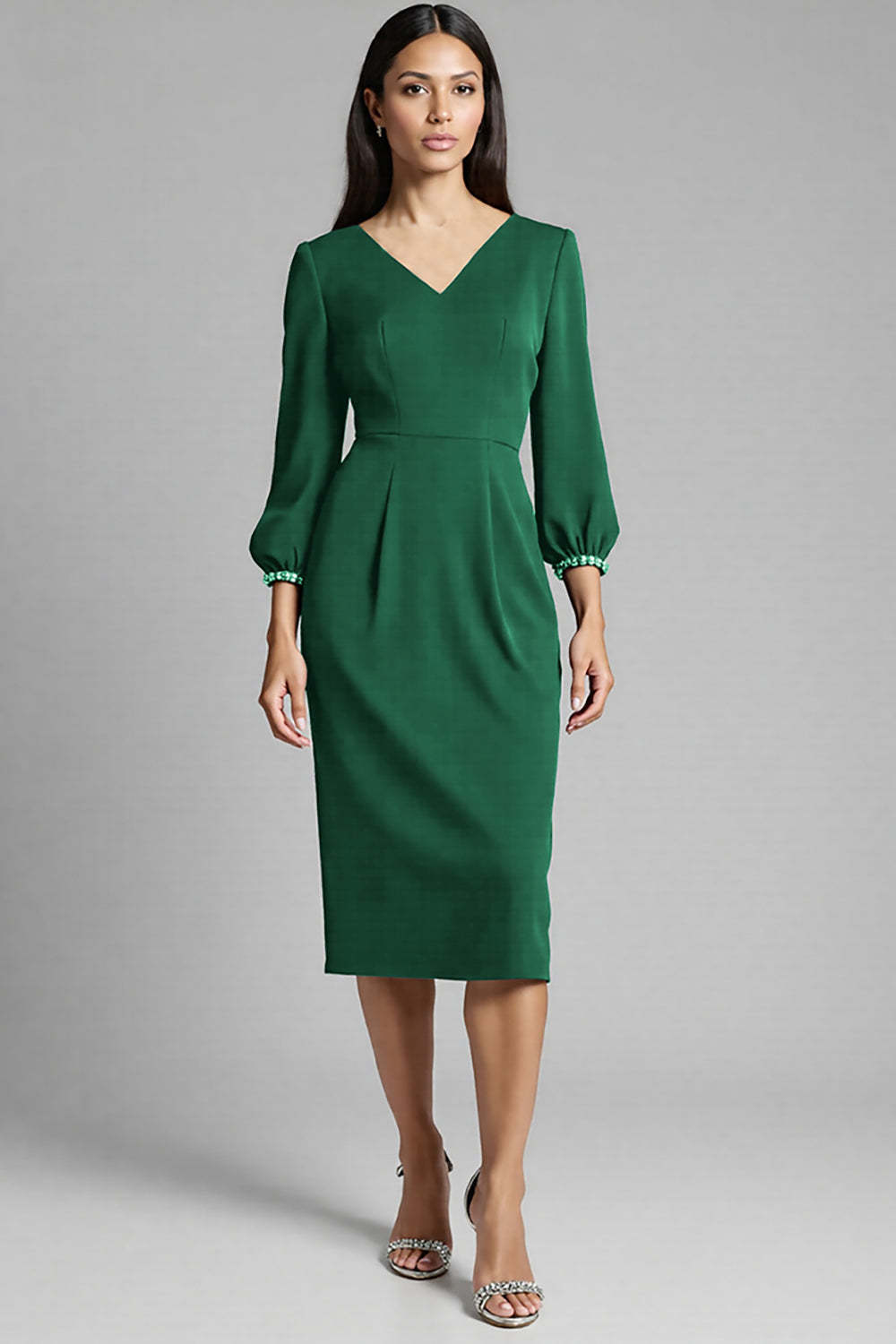 Navy Satin Bodycon V-Neck Midi Work Dress