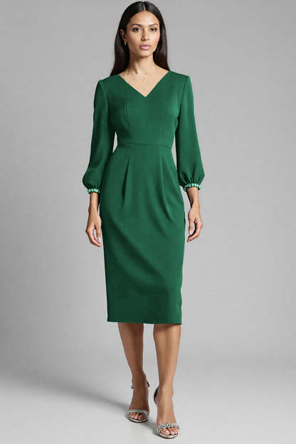 Navy Satin Bodycon V-Neck Midi Work Dress