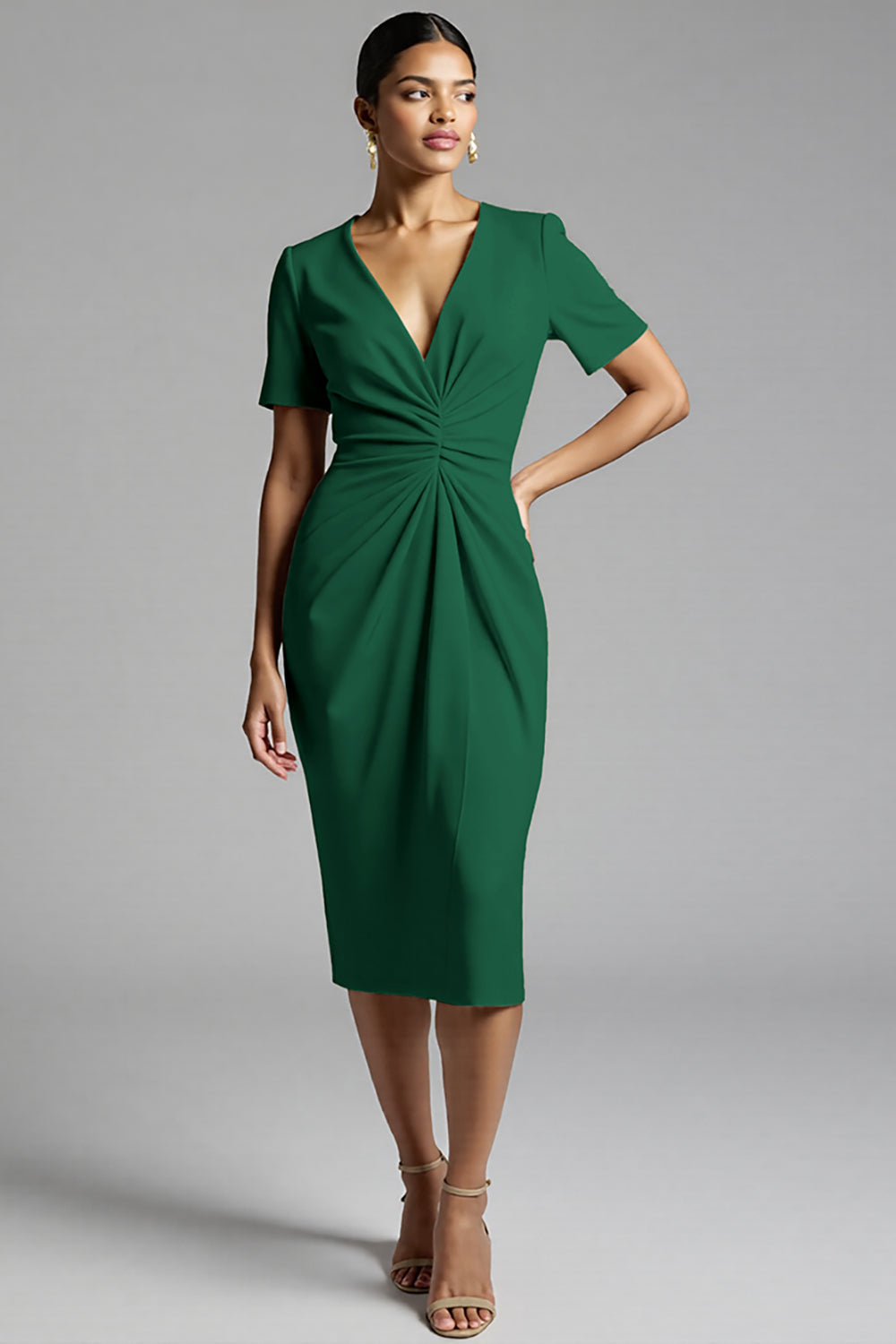 Champagne V-Neck Bodycon Midi Satin Work Dress with Sleeves
