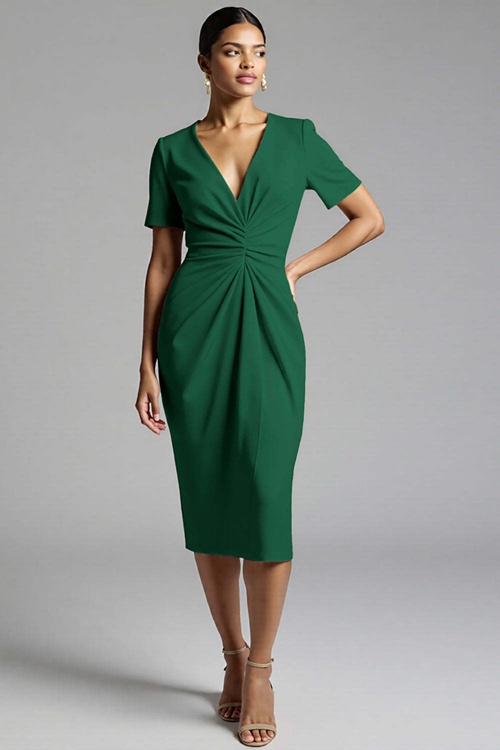 Champagne V-Neck Bodycon Midi Satin Work Dress with Sleeves