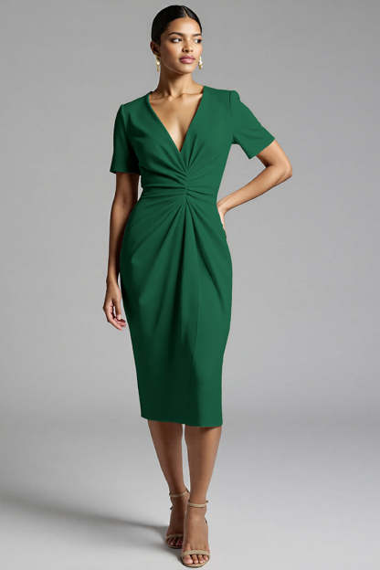Champagne V-Neck Bodycon Midi Satin Work Dress with Sleeves