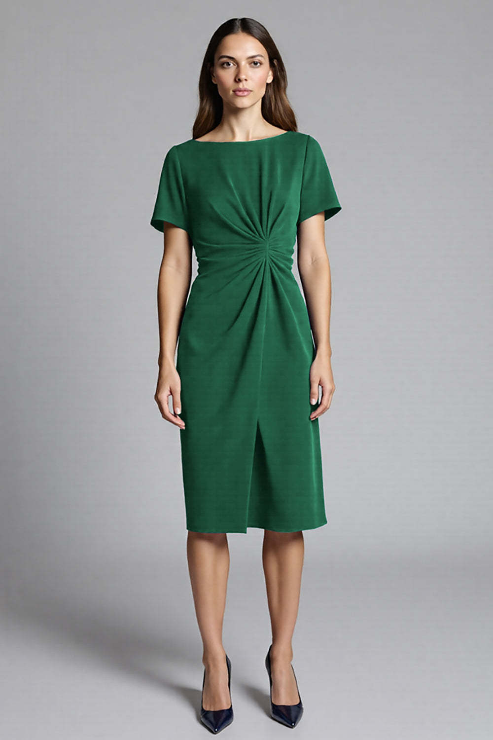 Navy Ruched Bodycon Midi Satin Work Dress