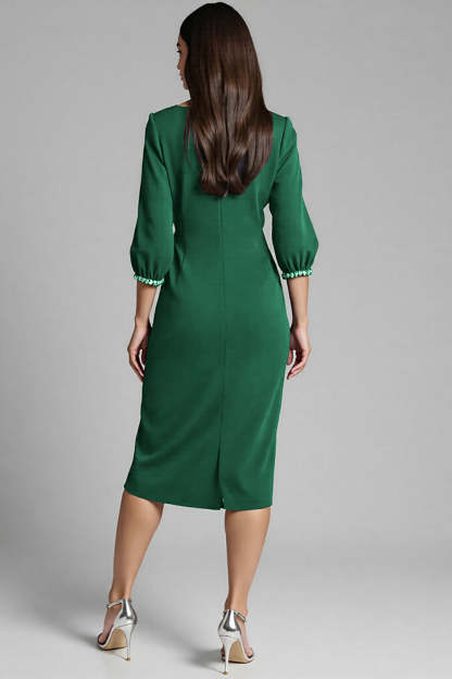 Navy Satin Bodycon V-Neck Midi Work Dress