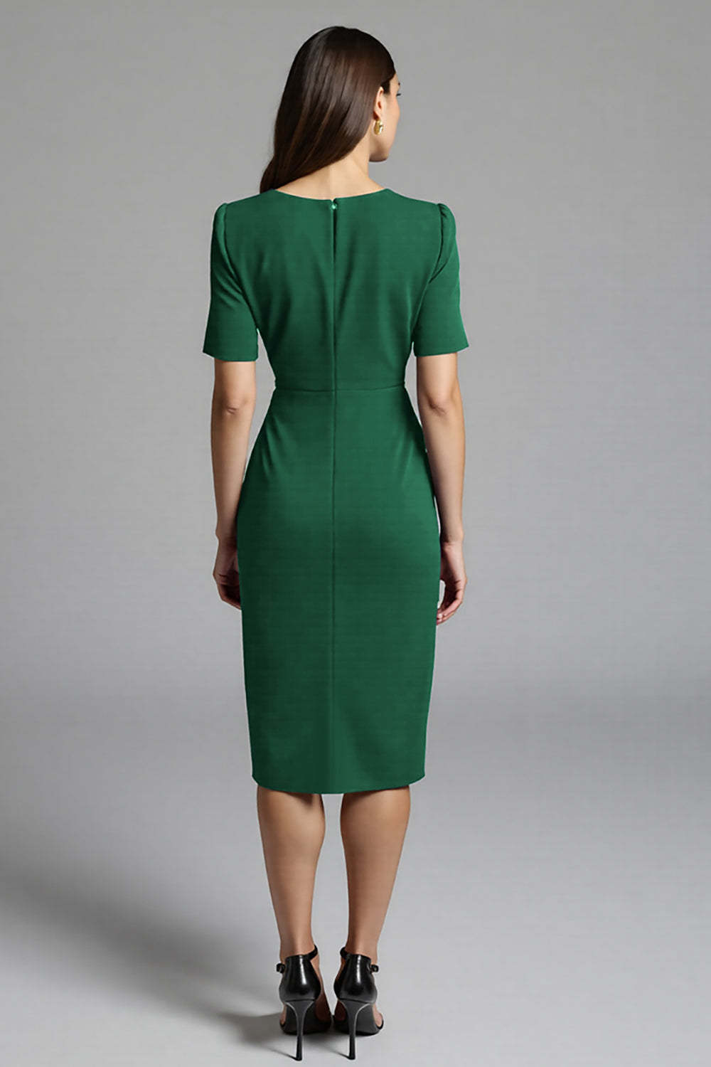 Navy Bodycon V-Neck Satin Midi Work Dress with Sleeves