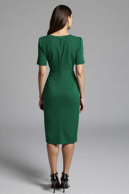 Navy Bodycon V-Neck Satin Midi Work Dress with Sleeves