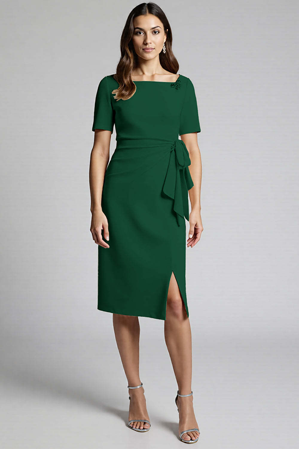 Champagne Ruffled Bodycon Midi Satin Work Dress with Slit